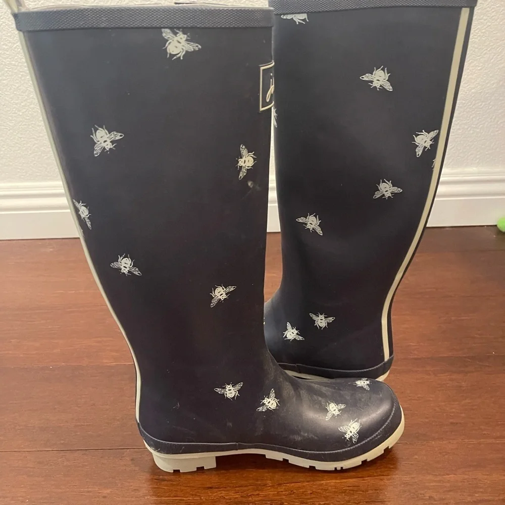 nwot nwob Bee Print joules Rain Boots navy blue galoshes 6